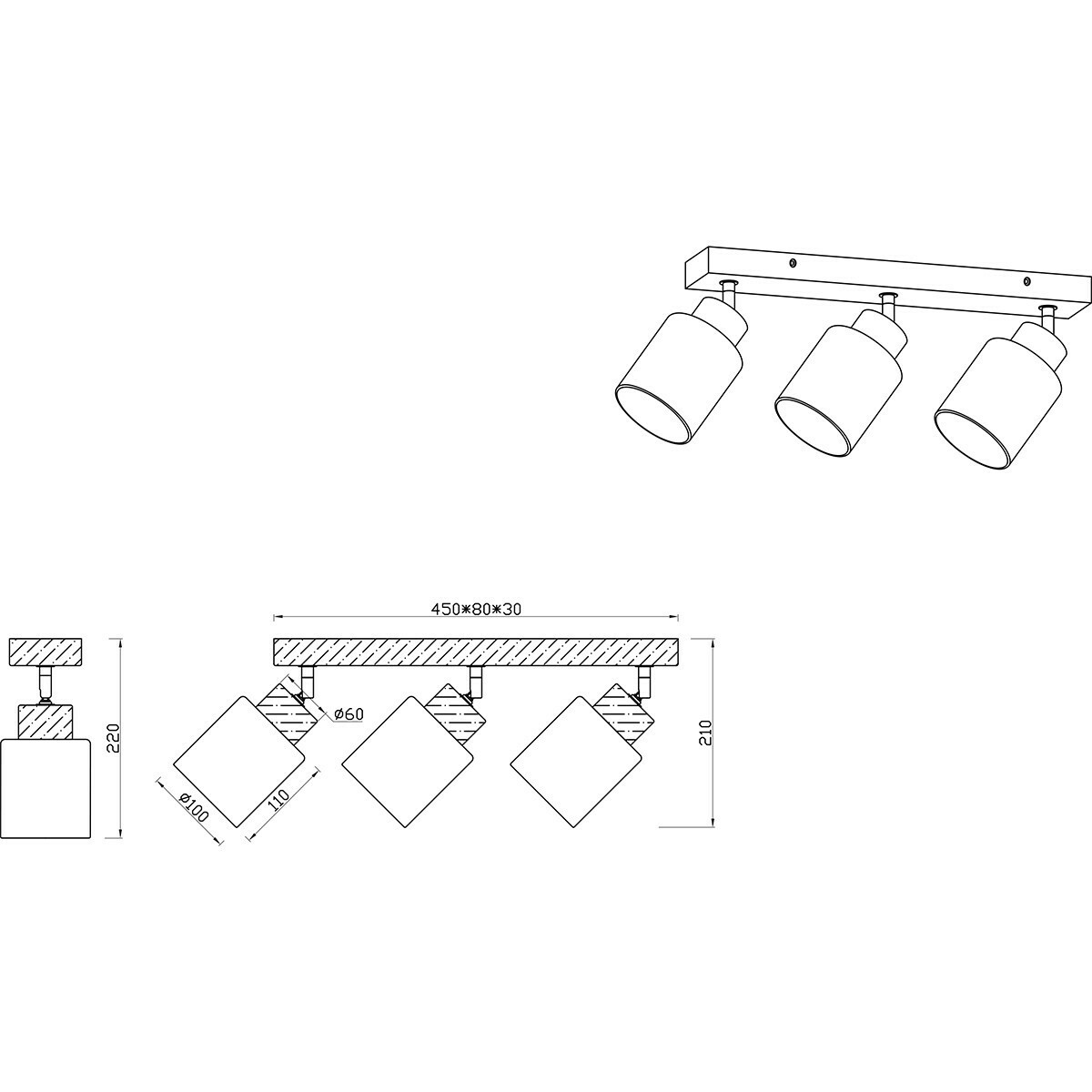 LED Deckenstrahler - Trion Asmara - E14-Fassung - 3-flammig - Rechteckig - Mattbraun - Holz