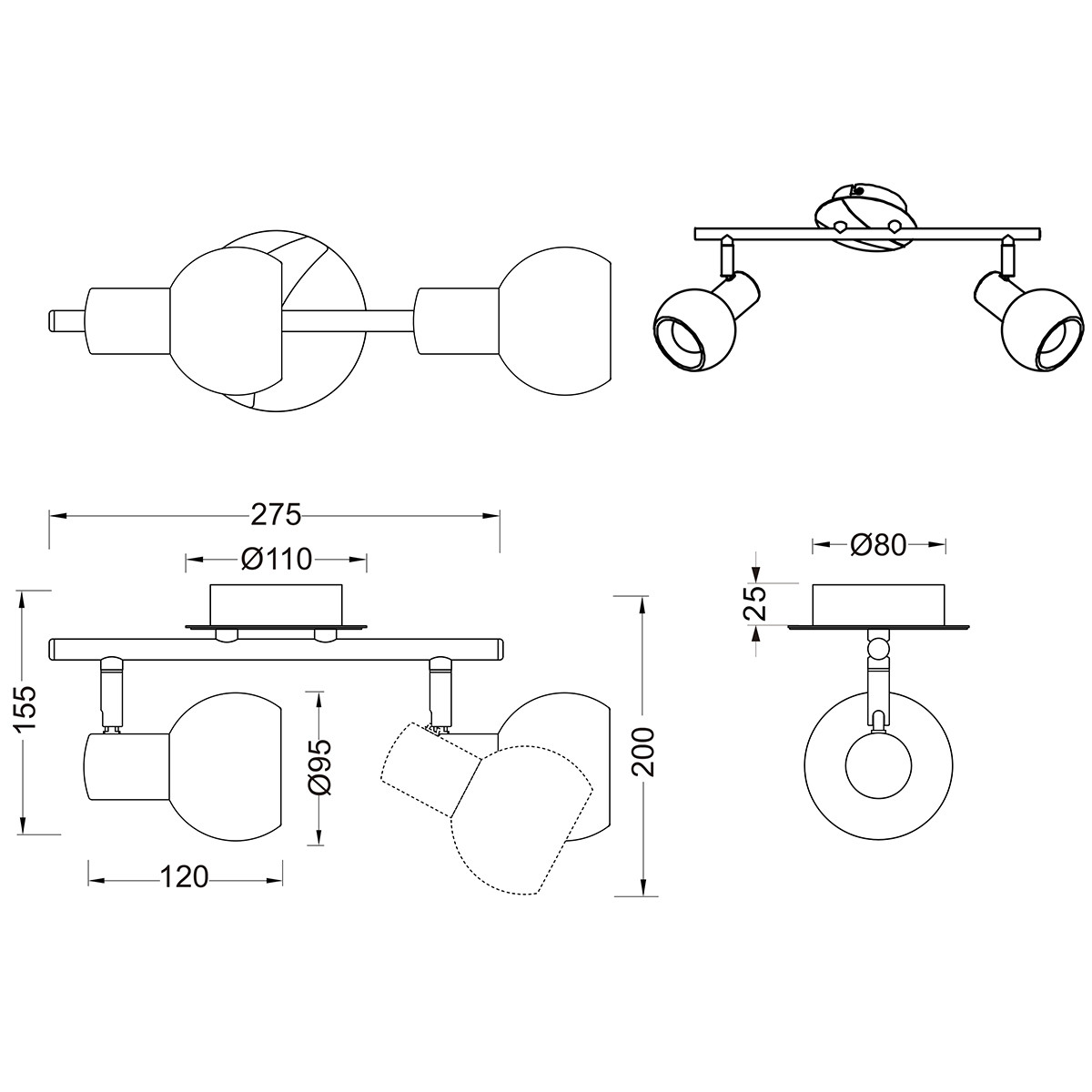 LED Deckenstrahler - Trion Besina - E14 Sockel - 2-flammig - Rund - Matt Nickel - Aluminium