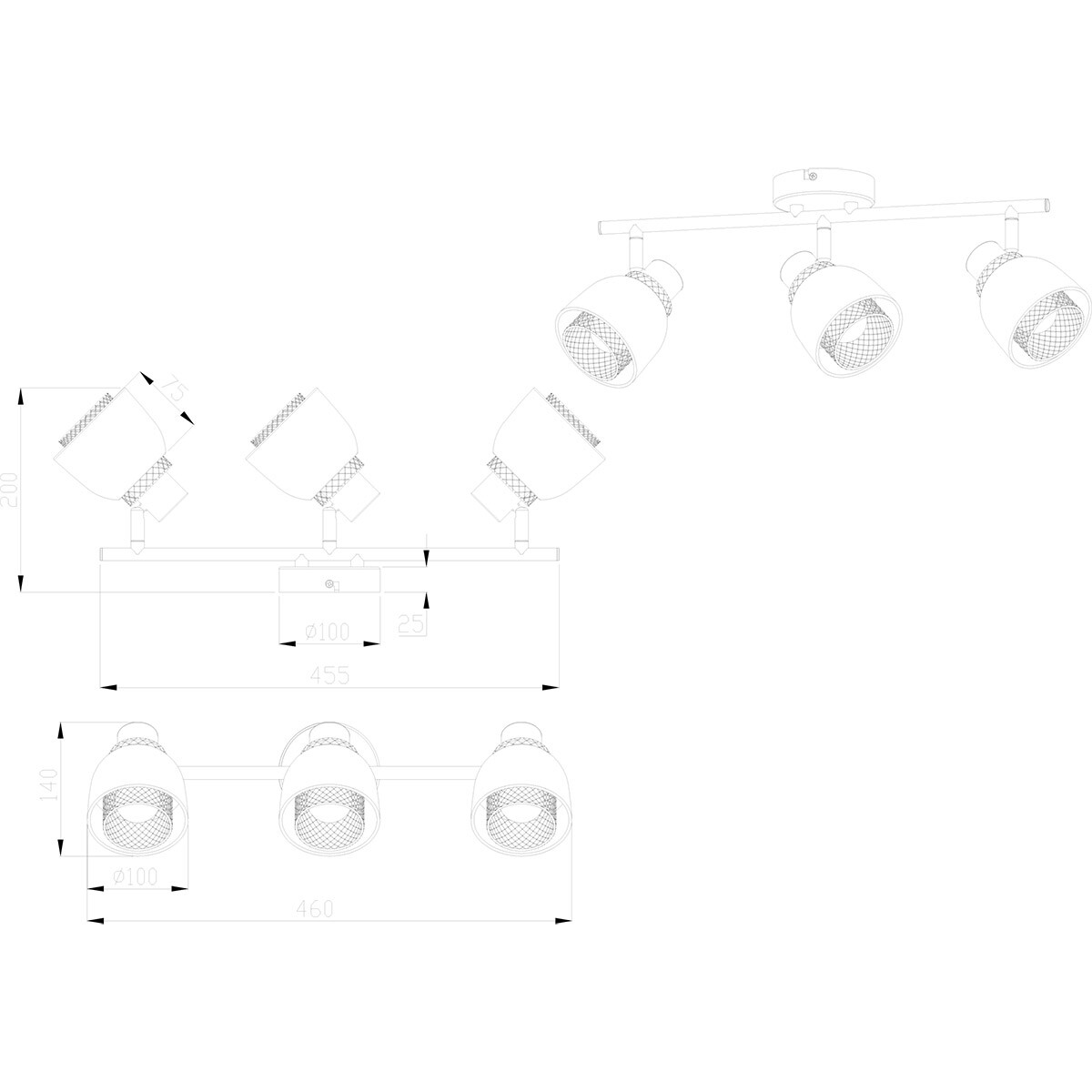 LED-Deckenspot - Trion Blado - E14-Fassung - 3-flammig - Rechteckig - Mattschwarz - Metall