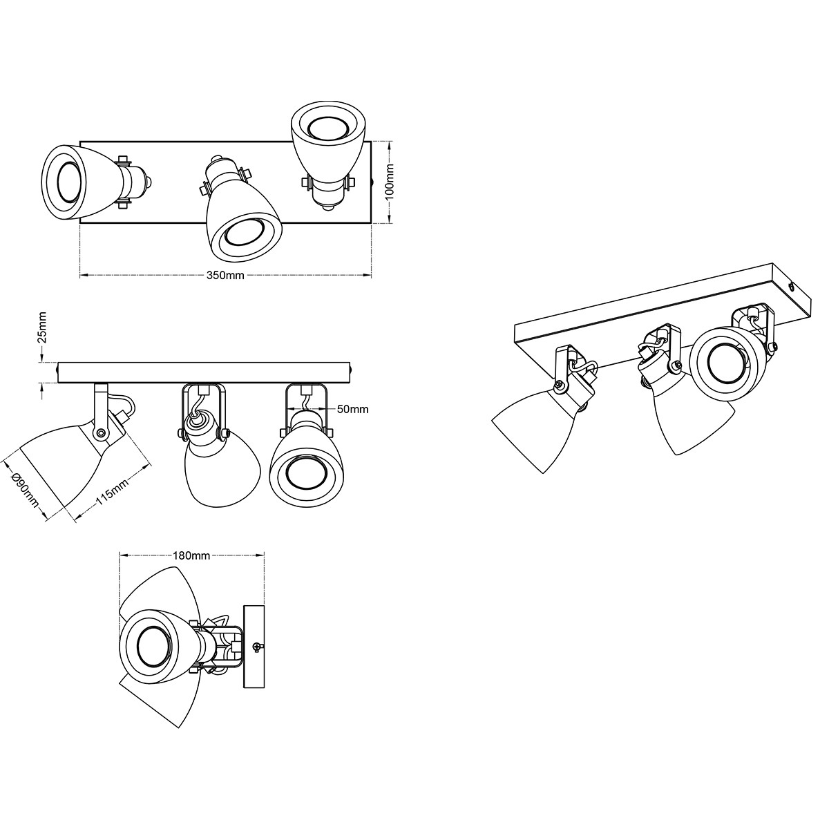 LED Deckenstrahler - Trion Conry - GU10 Sockel - 3-flammig - Rechteckig - Mattgrau Betonoptik - Aluminium