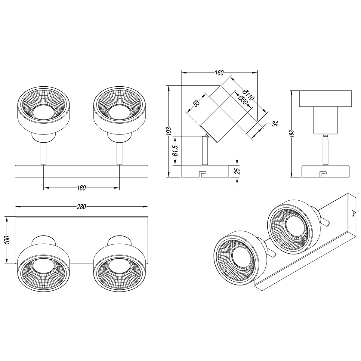 LED Deckenstrahler - Trion Leonida - GU10 Sockel - 2-flammig - Rechteckig - Mattes Nickel - Aluminium