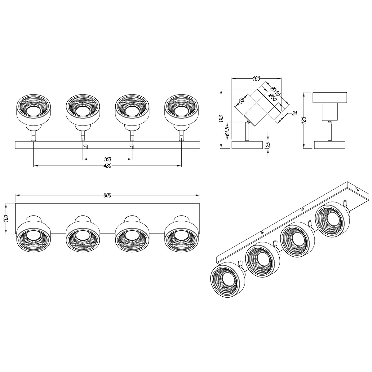 LED Deckenstrahler - Trion Leonida - GU10 Sockel - 4-flammig - Rechteckig - Mattes Nickel - Aluminium