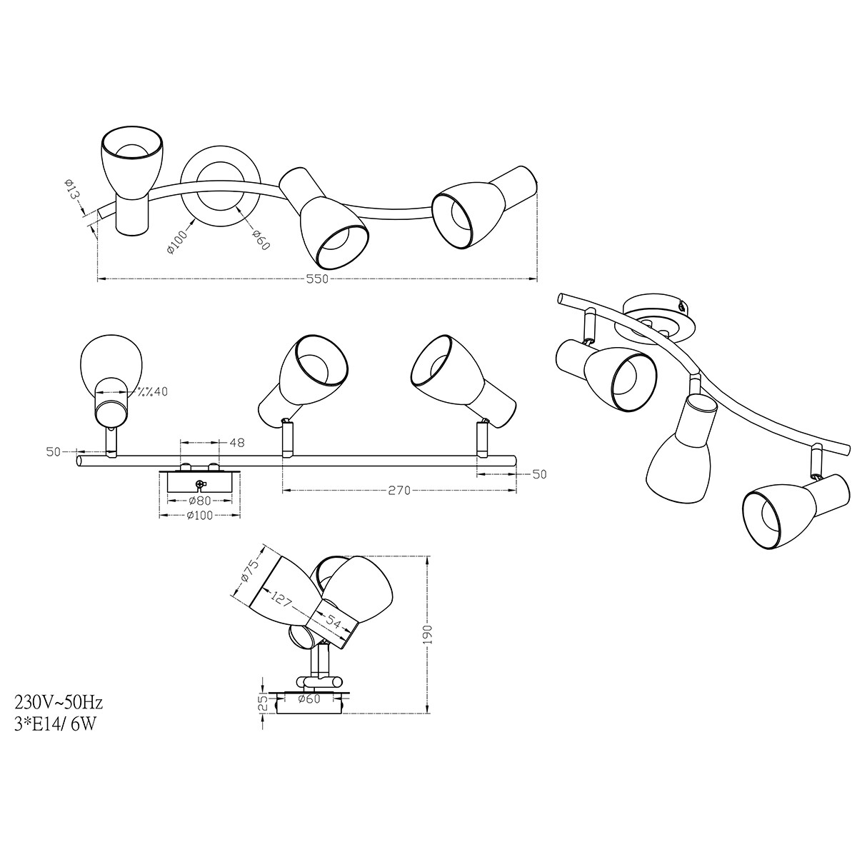 LED Deckenstrahler - Trion Levino - E14 Sockel - Warmweiß 3000K - 3-flammig - Rechteckig - Mattes Gold - Aluminium