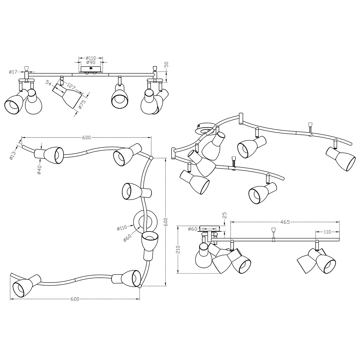 LED Deckenstrahler - Trion Levino - E14 Sockel - Warmweiß 3000K - 6-flammig - Rechteckig - Mattes Nickel - Aluminium