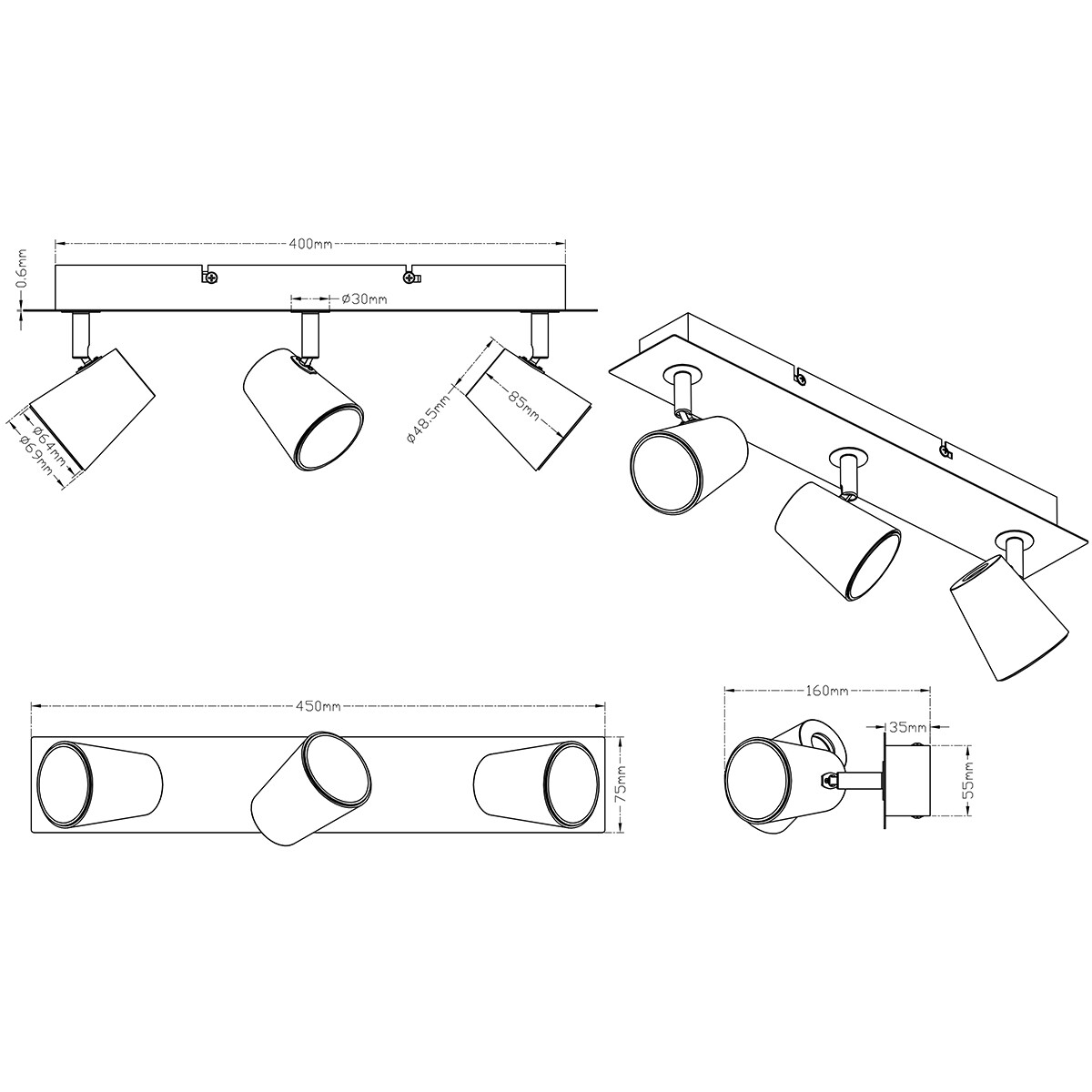 LED Deckenstrahler - Trion Narca - 18W - Warmweiß 3000K - 3-flammig - Rechteckig - Mattes Nickel - Aluminium