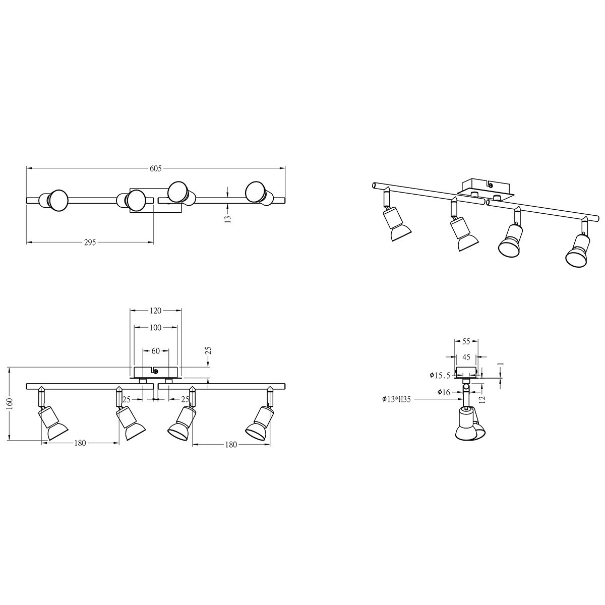 LED Deckenstrahler - Trion Nimo - GU10 Sockel - 12W - Warmweiß 3000K - 4-flammig - Rechteckig - Matt Nickel - Aluminium