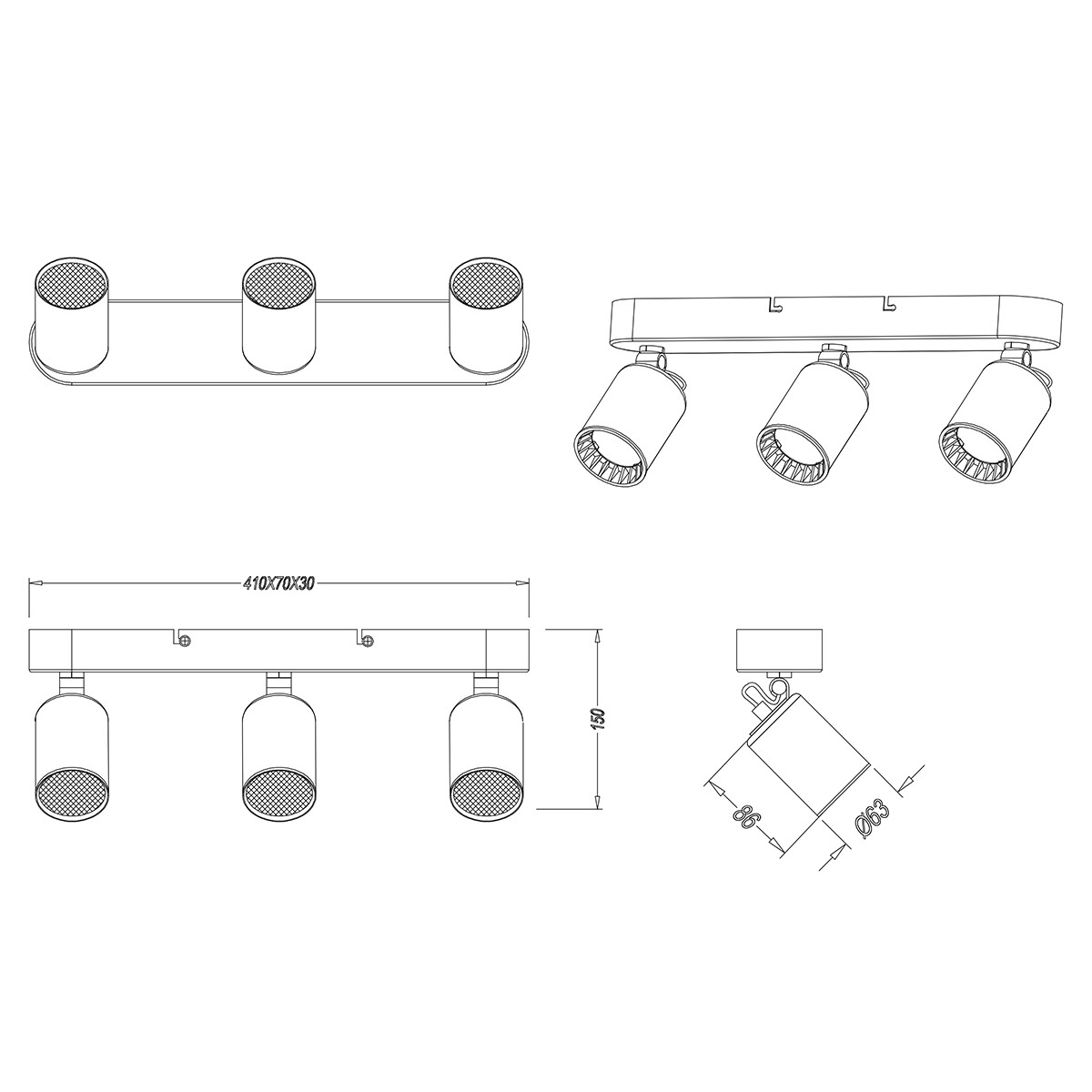 LED Deckenstrahler - Trion Nimo - GU10 Sockel - 3-flammig - Rechecktig - Matt Schwarz - Aluminium