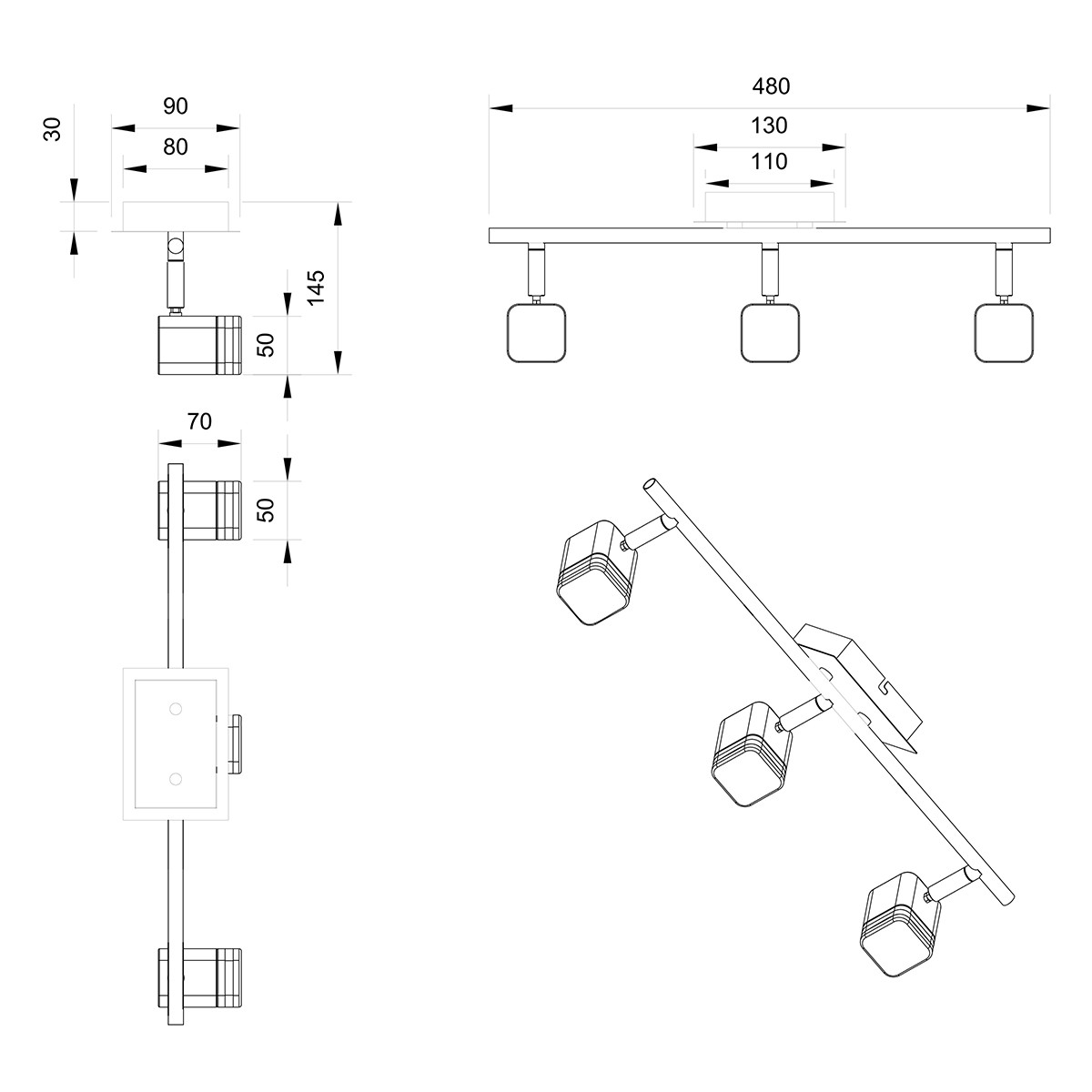 LED Deckenstrahler - Trion Ribon - 12W - Warmweiß 3000K - 3-flammig - Reckechtig - Matt Nickel - Aluminium