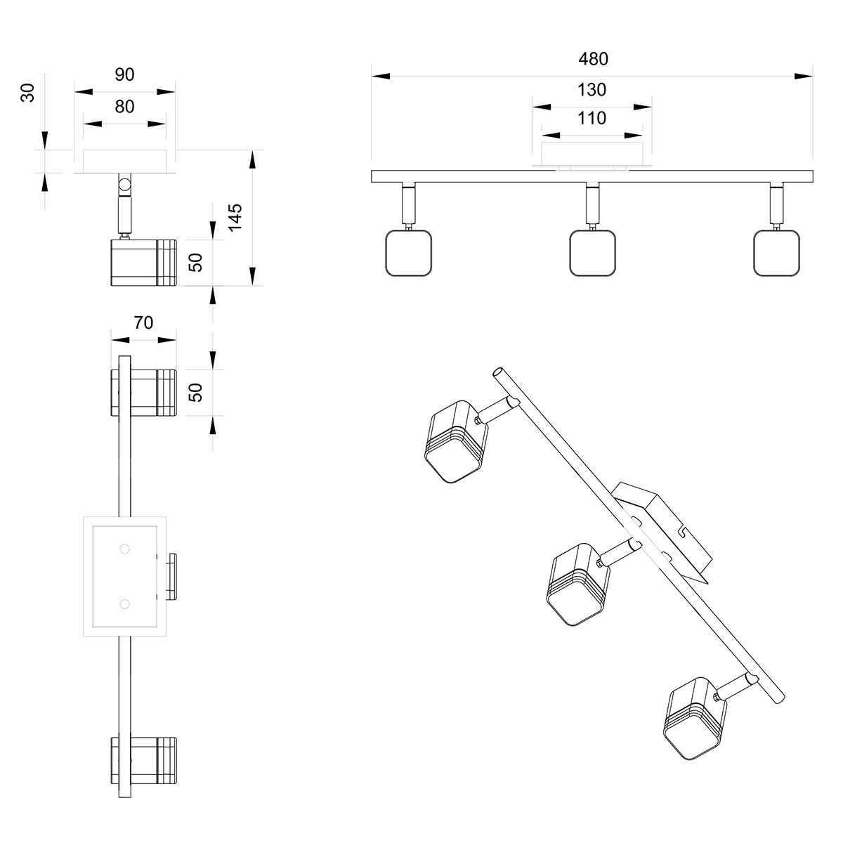 LED Deckenstrahler - Trion Ribon - 12W - Warmweiß 3000K - 3-flammig - Reckechtig - Matt Weiß - Aluminium