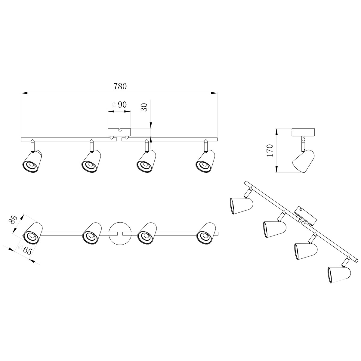 LED Deckenstrahler - Trion Toluno - 12W - Warmweiß 3000K - 4-flammig - Reckechtig - Matt Schwarz - Kunststoff