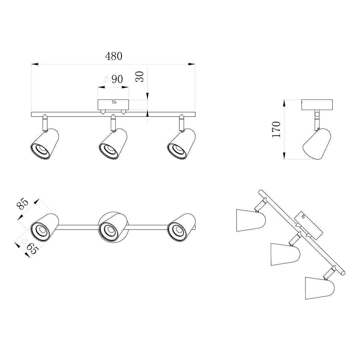 LED Deckenstrahler - Trion Toluno - 9W - Warmweiß 3000K - 3-flammig - Reckechtig - Matt Weiß - Kunststoff