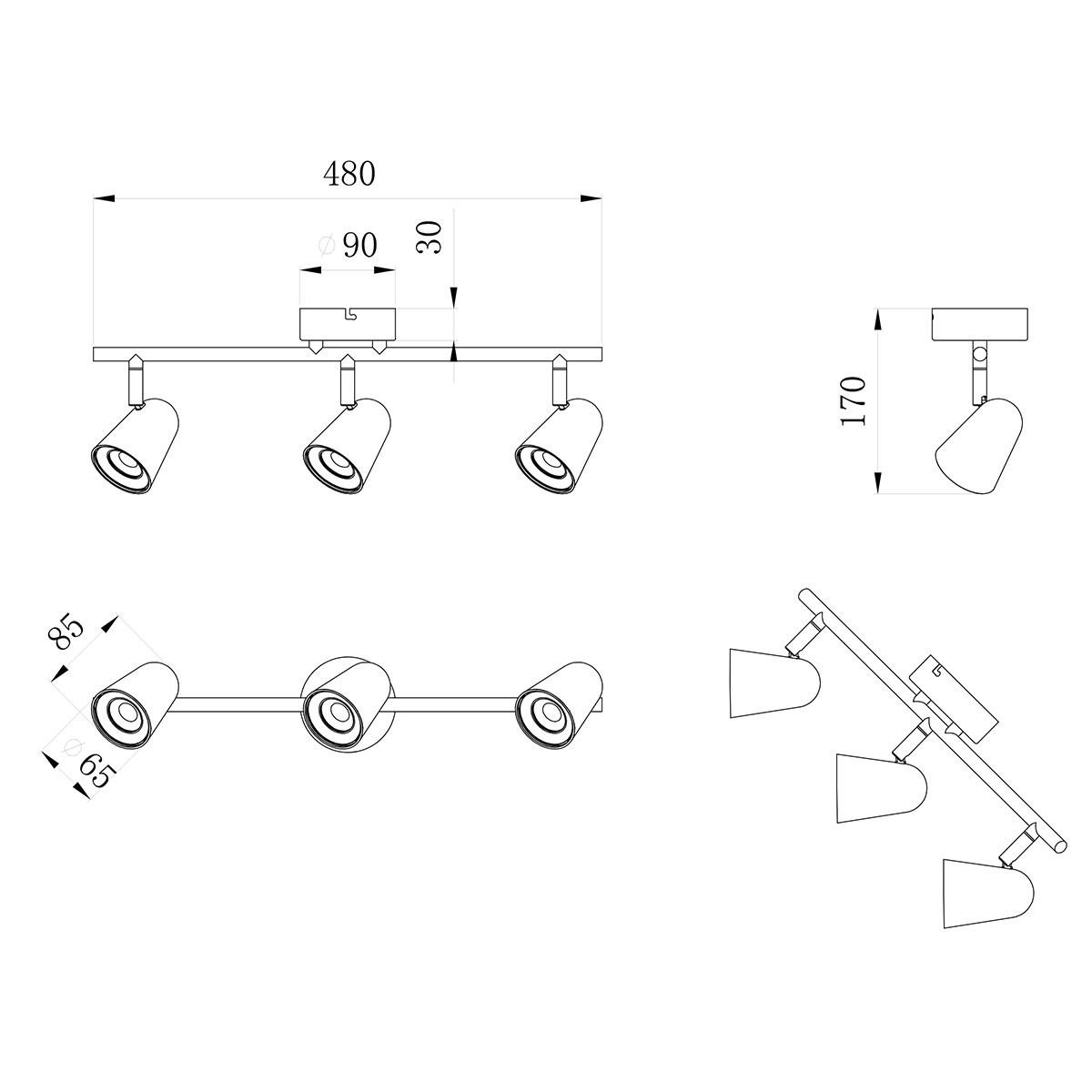 LED Deckenstrahler - Trion Toluno - 9W - Warmweiß 3000K - 3-flammig - Reckechtig - Matt Schwarz - Kunststoff