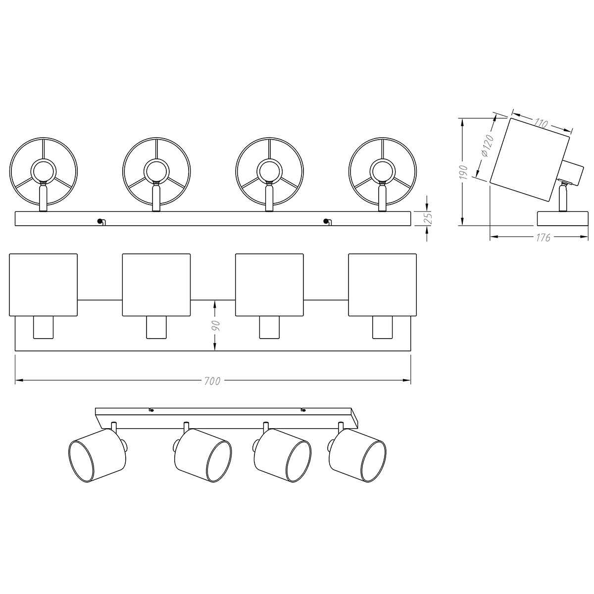 LED Deckenstrahler - Trion Torry - E14 Sockel - 4-flammig - Rechteckig - Mattes Nickel - Aluminium