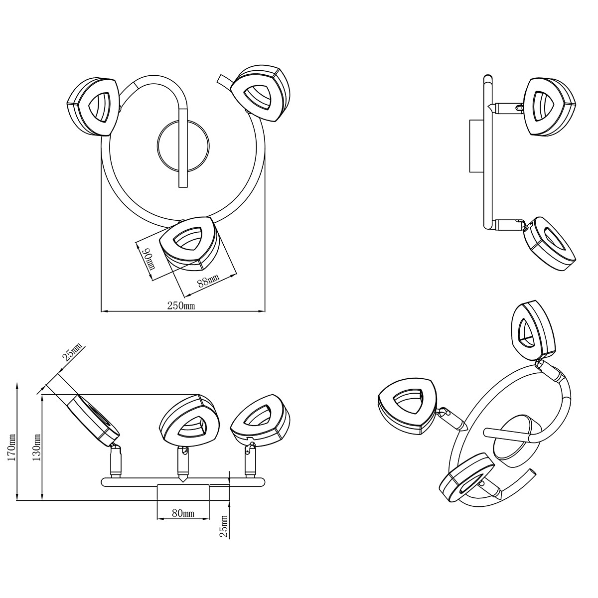 LED Deckenstrahler - Trion Turon - 12W - Warmweiß 3000K - 3-flammig - Rund - Matt Chrom - Aluminium