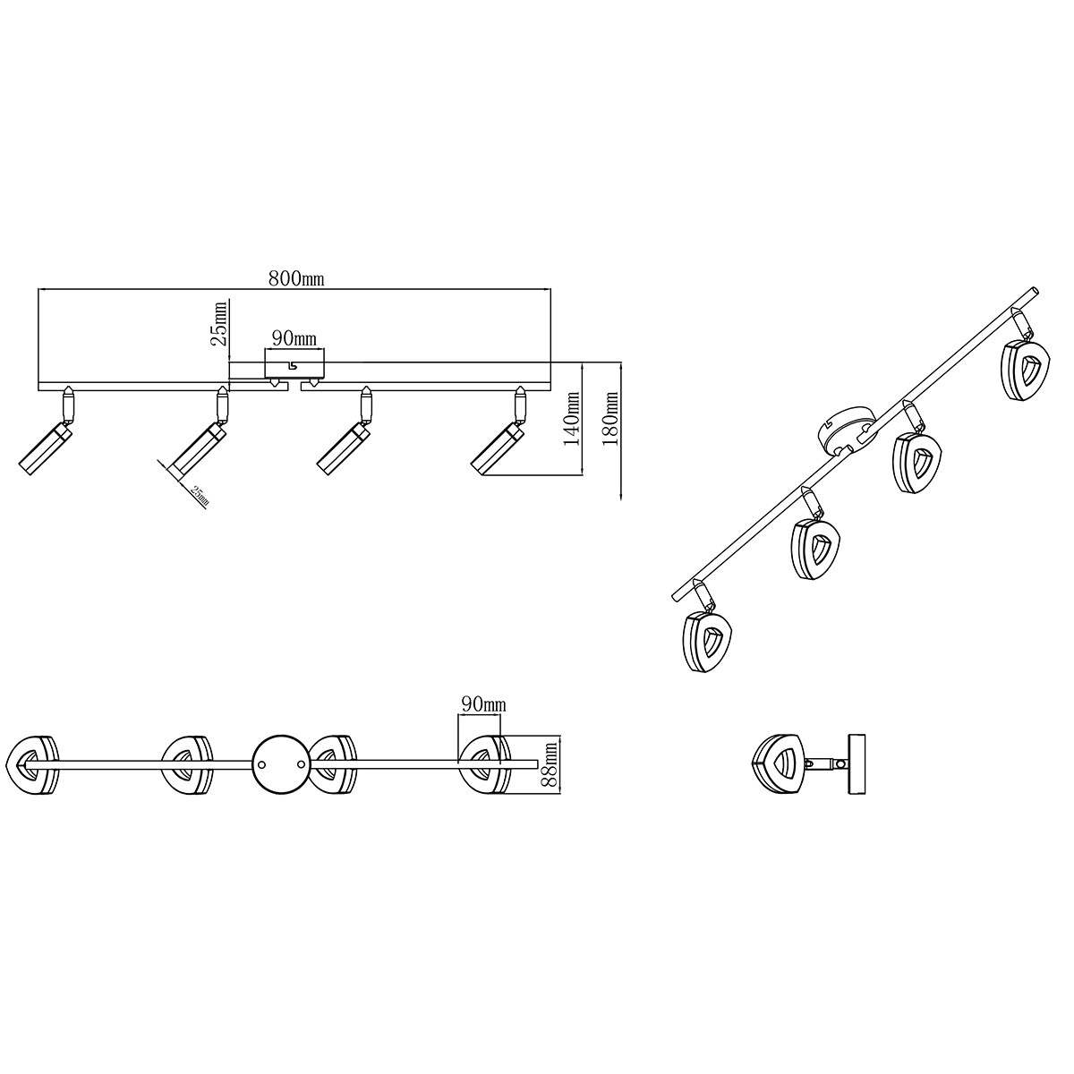 LED Deckenstrahler - Trion Turon - 16W - Warmweiß 3000K - 4-flammig - Rund - Matt Chrom - Aluminium