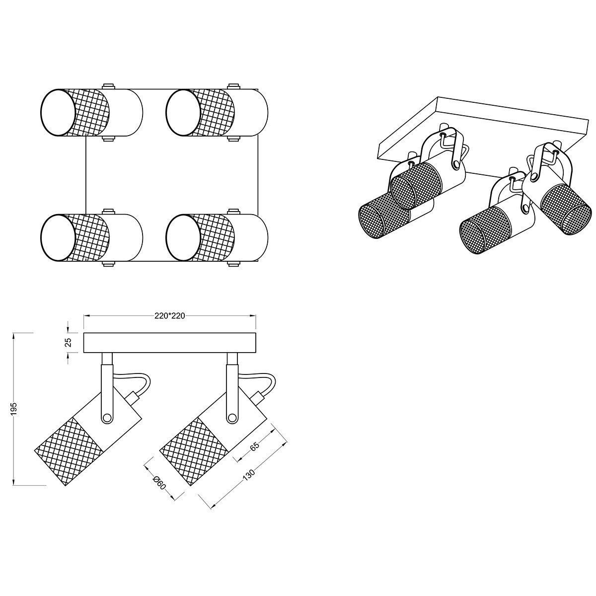 LED Deckenstrahler - Trion Yosh - E14 Sockel - 4-flammig - Quadratisch - Mattschwarz - Aluminium