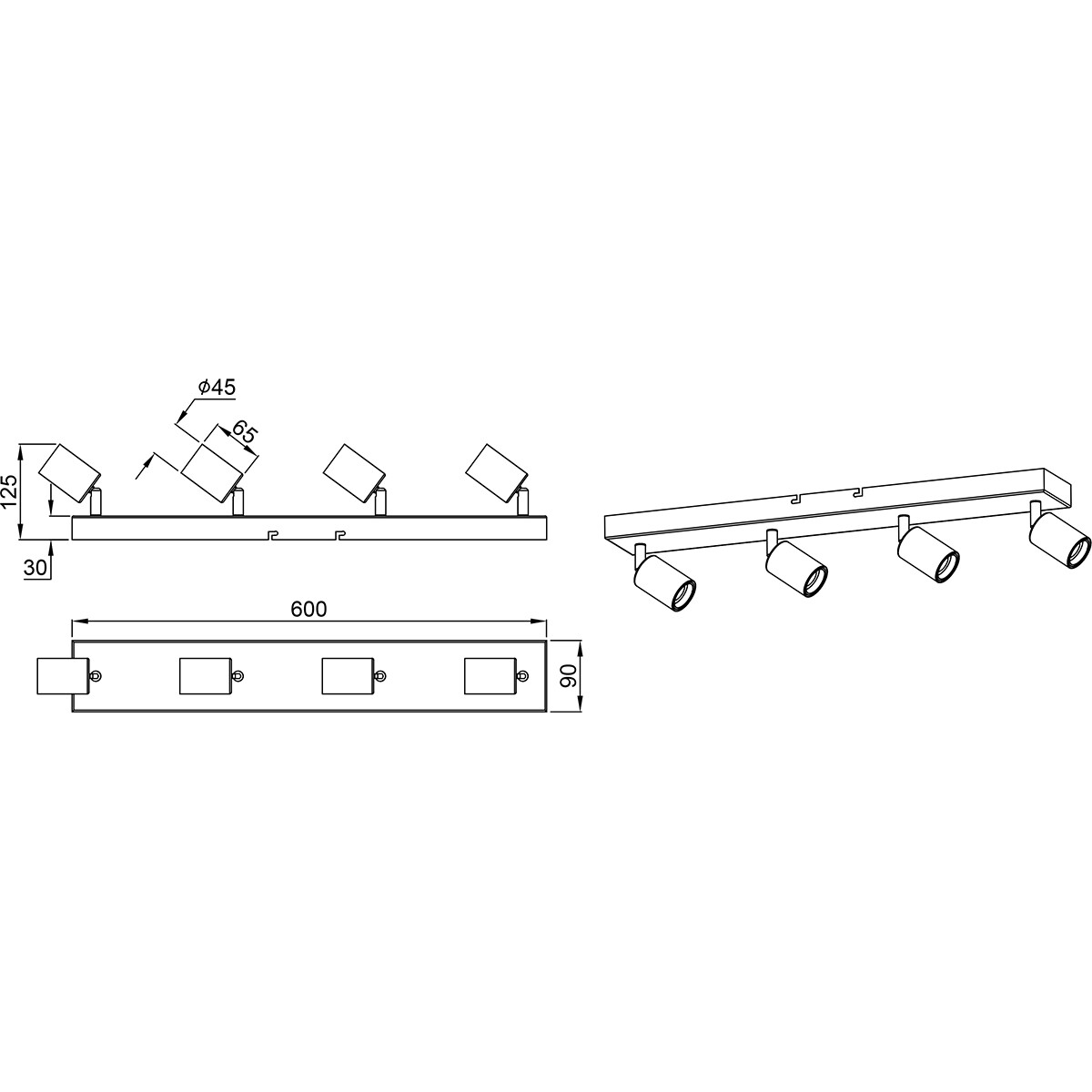 LED Deckenstrahler - Trion Zuncka - E27-Fassung - 4-flammig - Rechteckig - Matt Schwarz - Aluminium