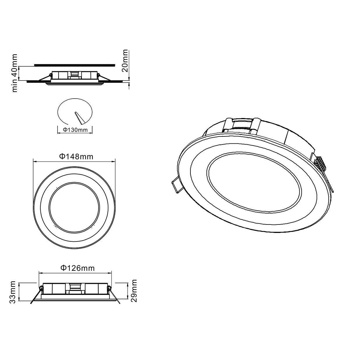 LED Spot - Einbauspot - Trion Cynomi - 10W - Warmweiß 3000K - Rund - Matt Schwarz - Kunststoff - Ø140mm