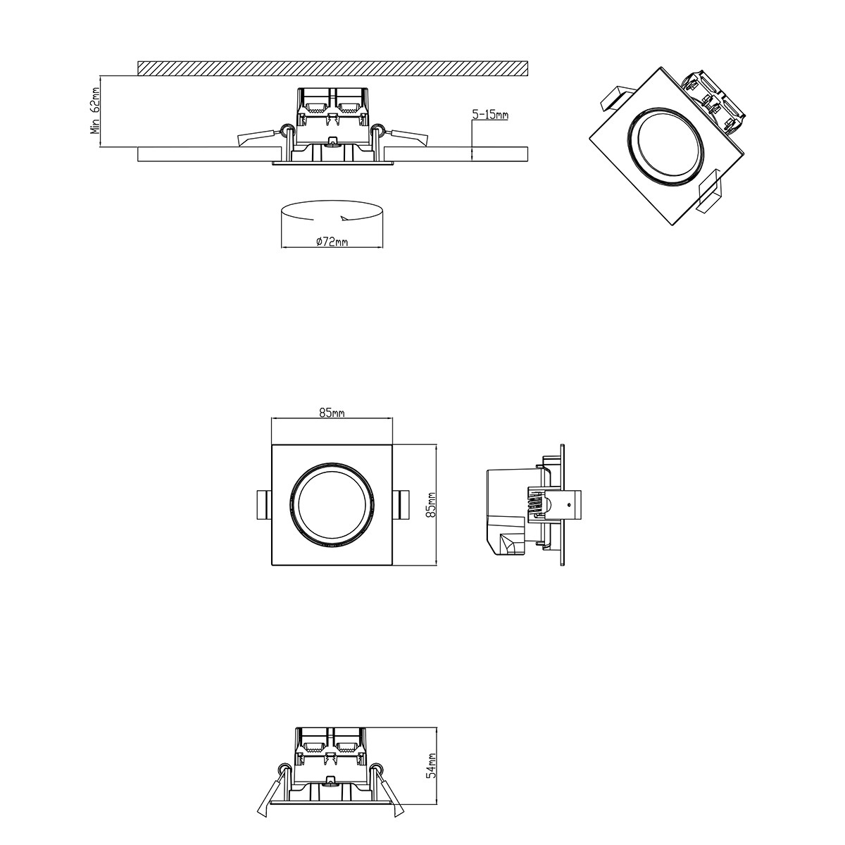 LED Spot - Einbaustrahler - Trion Paniro - Quadratisch 5W - Dimmbar - Warmweiß 3000K - Matt Chrom - Aluminium - 80mm