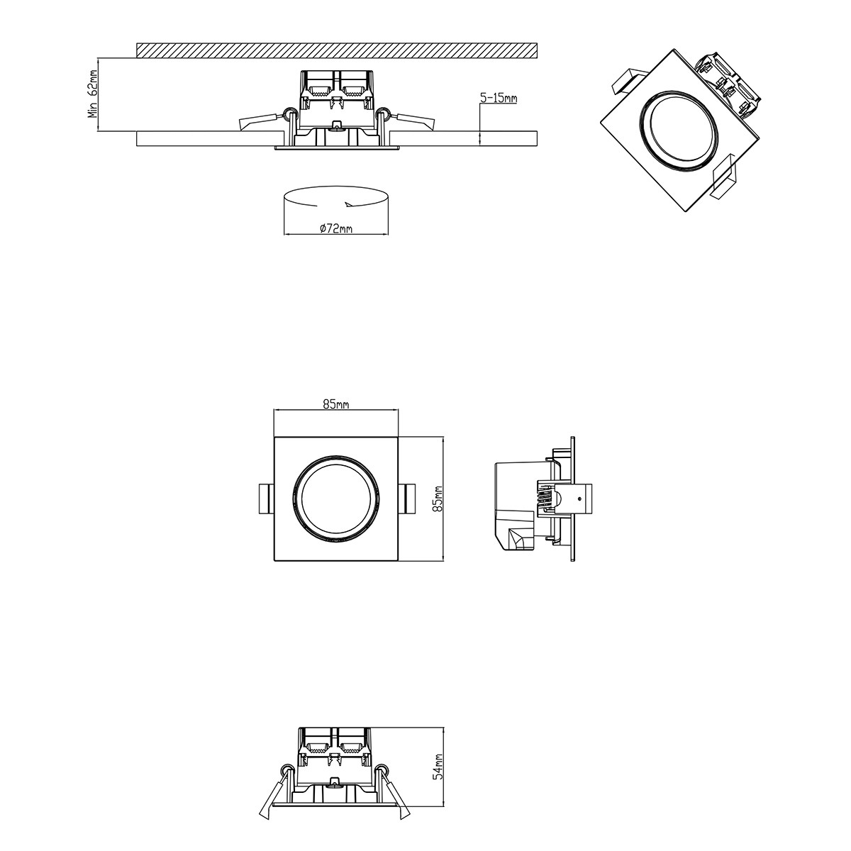 LED Spot - Einbaustrahler - Trion Paniro - Quadratisch 5W - Dimmbar - Warmweiß 3000K - Matt Weiß - Aluminium - 80mm