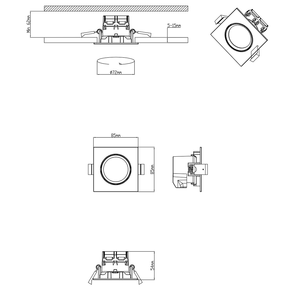 LED Spot - Einbaustrahler - Trion Paniro - Quadratisch 5W - Dimmbar - Warmweiß 3000K - Matt Schwarz - Aluminium - 80mm