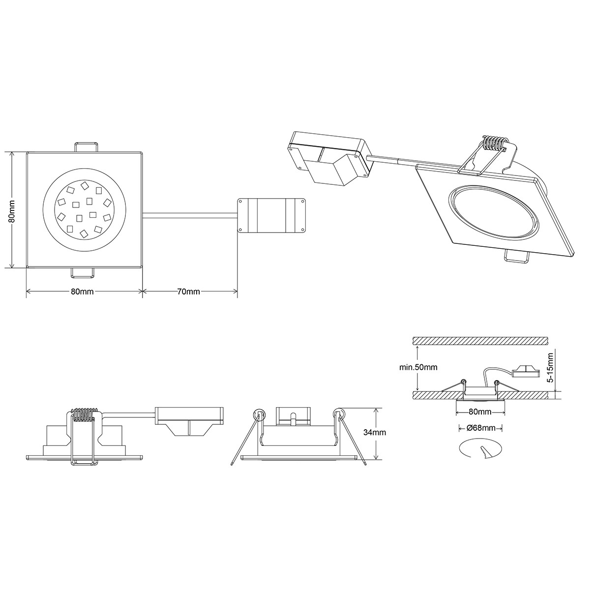 LED Spot - Einbau - Trion Roluno - 5W - Warmweiß 3000K - Quadrat - Matt Weiß - Aluminium