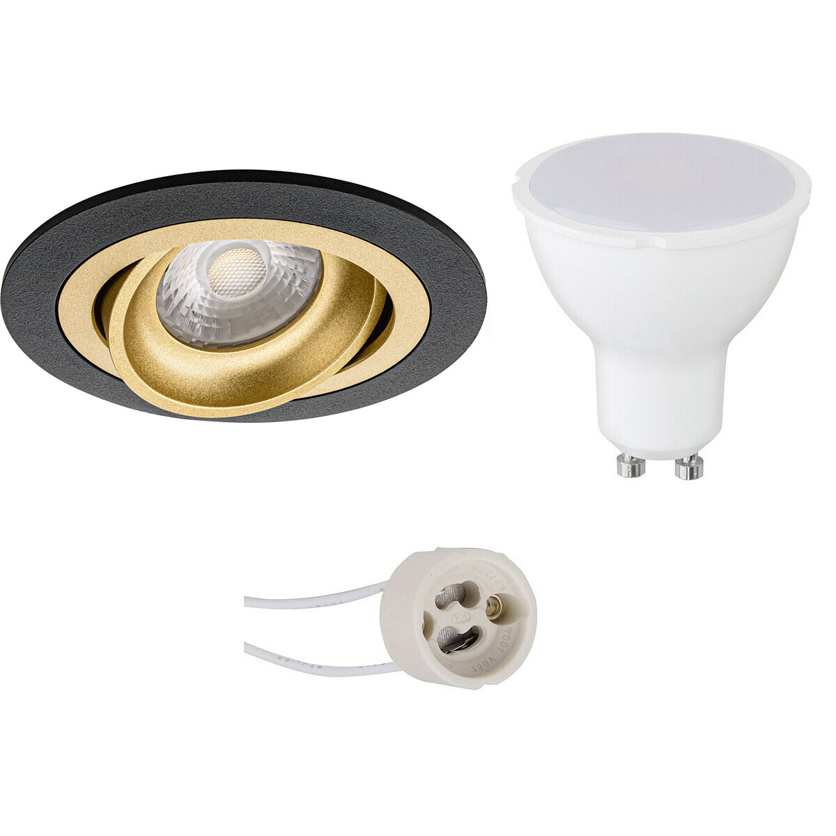 LED Spot Set - Aigi - Pragmi Alpin Pro - GU10 Fassung - Einbau Rund - Matt Schwarz/Gold - 6W - Kaltweiß 6400K - Schwenkbar Ø92mm