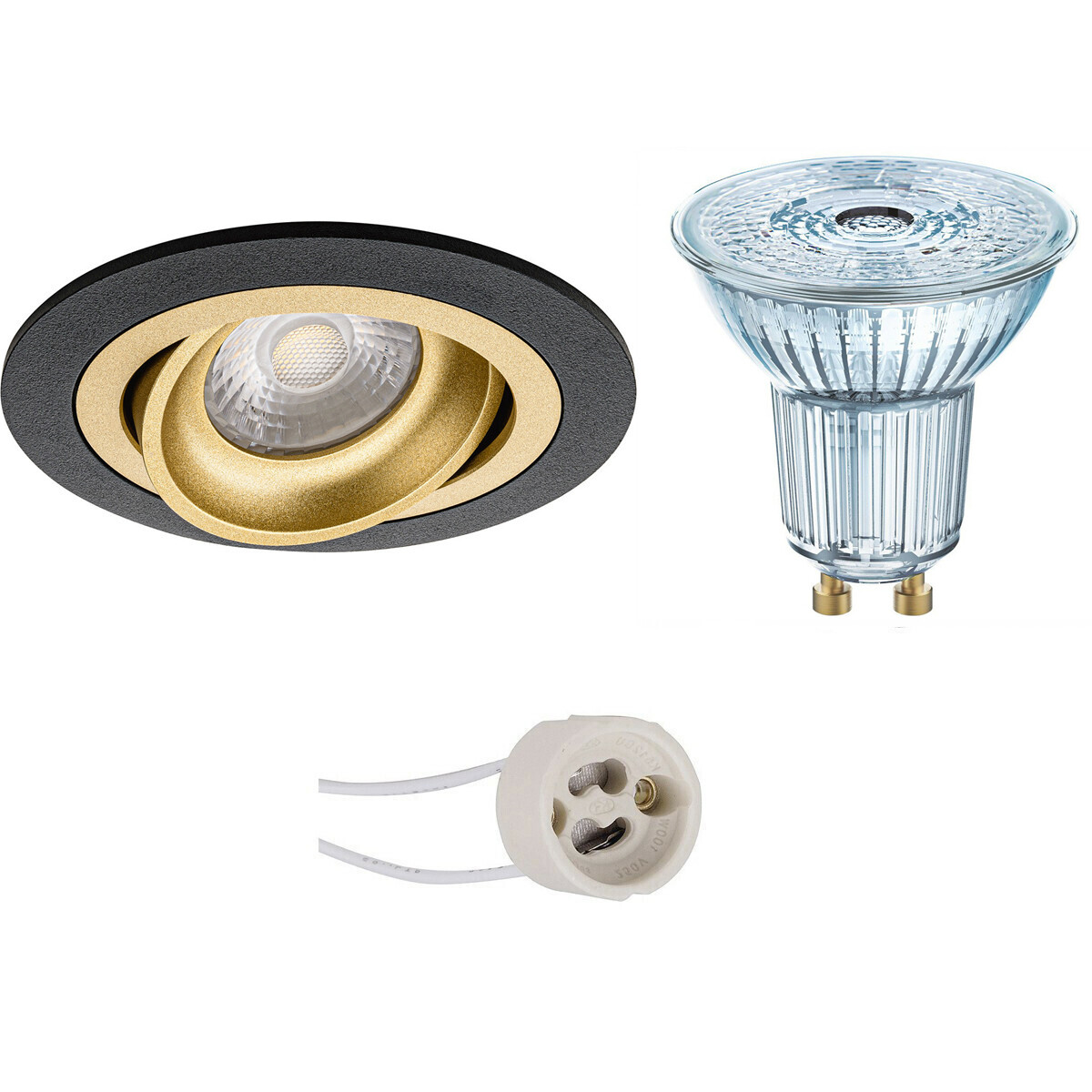 LED Spot Set - LEDVANCE Parathom PAR16 940 36D - Pragmi Alpin Pro - GU10 Fassung - Dimmbar - Einbau Rund - Matt Schwarz/Gold - 4.5W - Neutralweiß 4000K - Schwenkbar Ø92mm