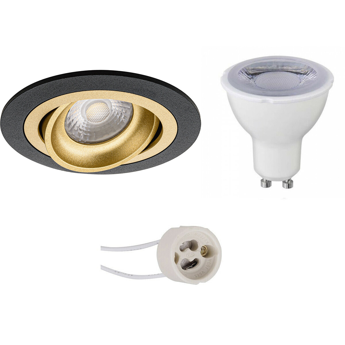 LED Spot Set - Pragmi Alpin Pro - GU10 Fassung - Dimmbar - Einbau Rund - Matt Schwarz/Gold - 6W - Kühles Weiß 6400K - Schwenkbar - Ø92mm