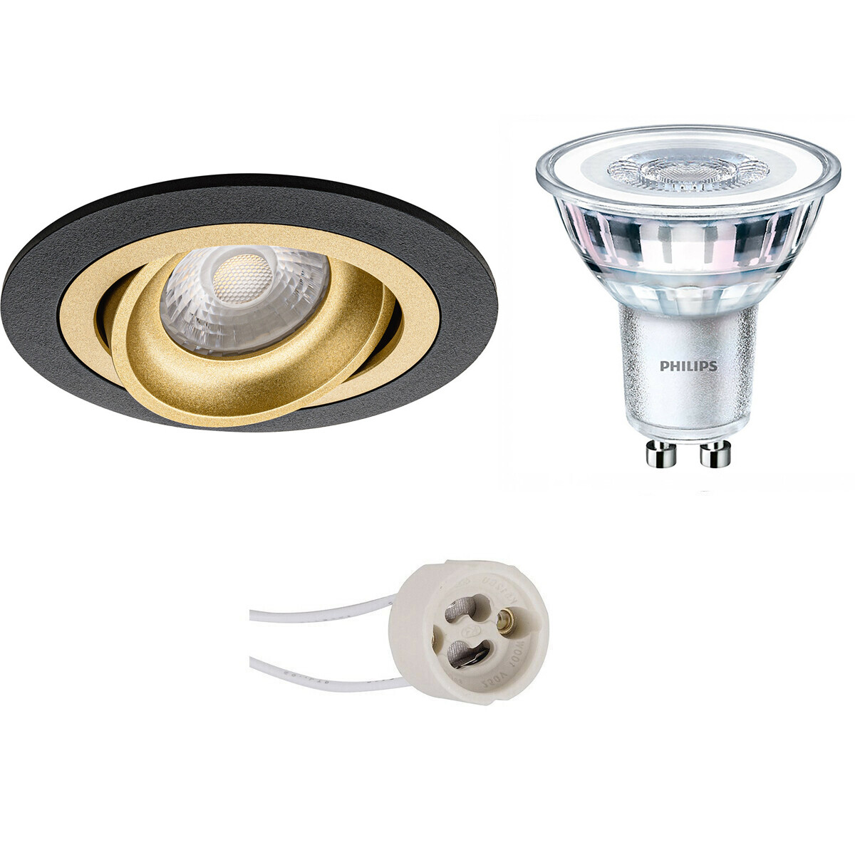 LED Spot Set - Pragmi Alpin Pro - GU10 Fassung - Einbau Rund - Mattschwarz/Gold - Schwenkbar Ø92mm - Philips - CorePro 827 36D - 4.6W - Warmweiß 2700K