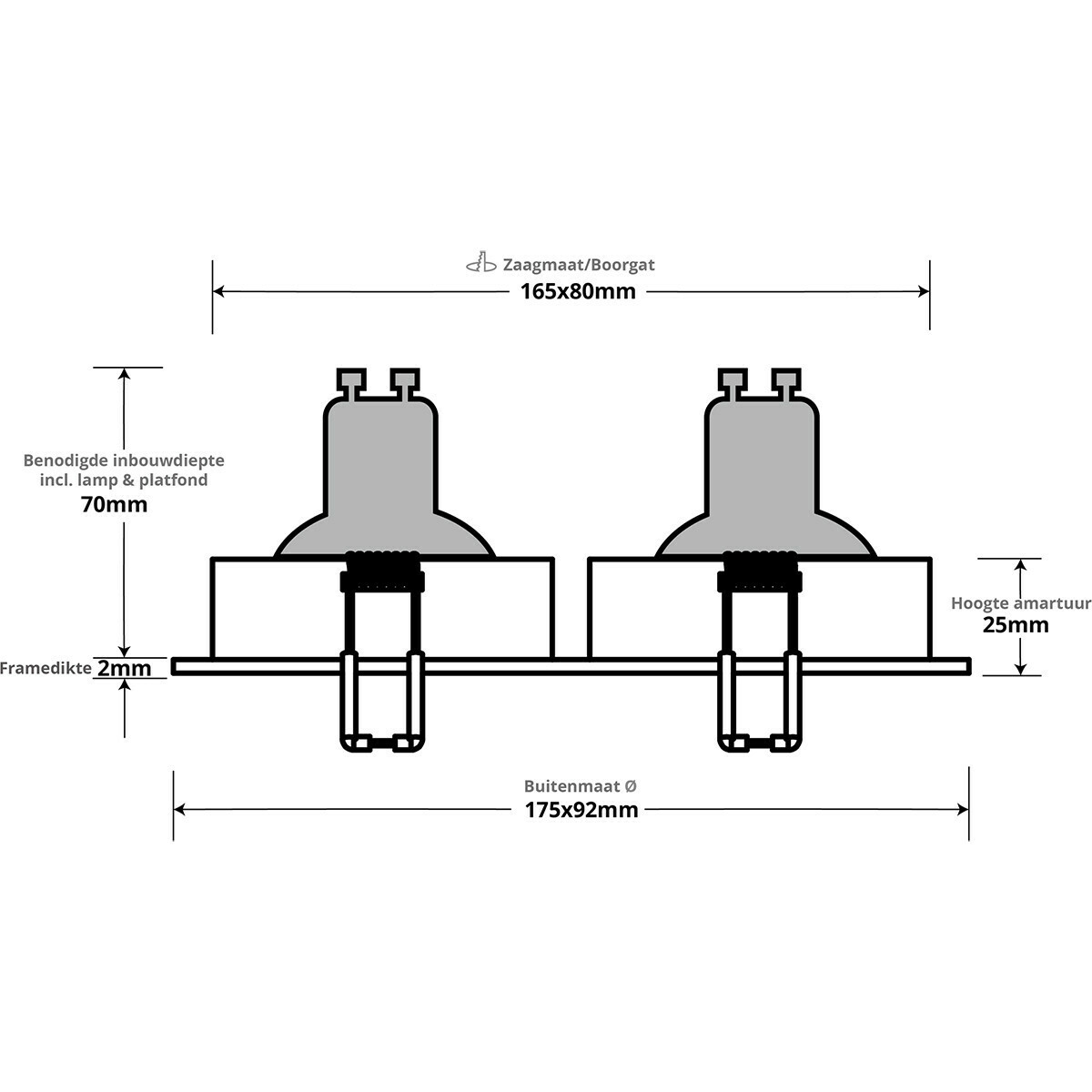 LED Spot Set - Pragmi Borny Pro - GU10 Sockel - Einbau Rechteckig Doppel - Mattweiß - 4W - Warmweiß 3000K - Kippbar - 175x92mm