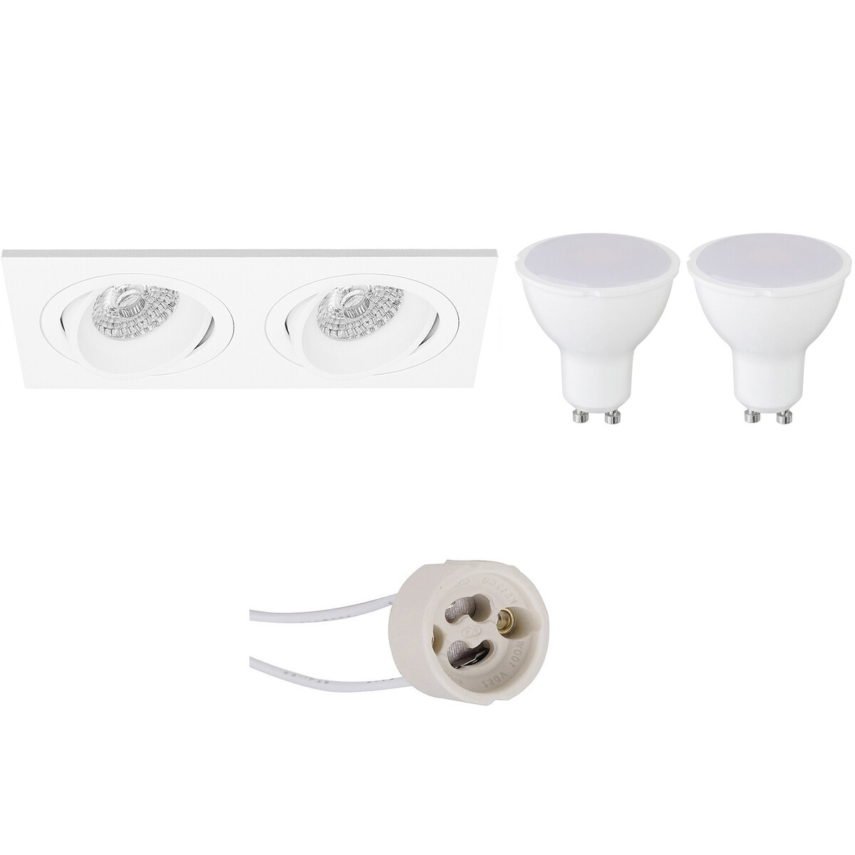 LED Spot Set - Pragmi Borny Pro - GU10 Sockel - Einbau Rechteckig Doppel - Mattweiß - 4W - Warmweiß 3000K - Kippbar - 175x92mm