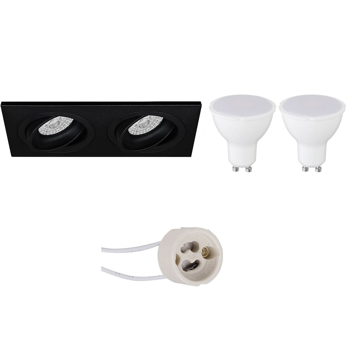 LED Spot Set - Pragmi Borny Pro - GU10 Sockel - Einbau Rechteckig Doppel - Mattschwarz - 4W - Warmweiß 3000K - Kippbar - 175x92mm