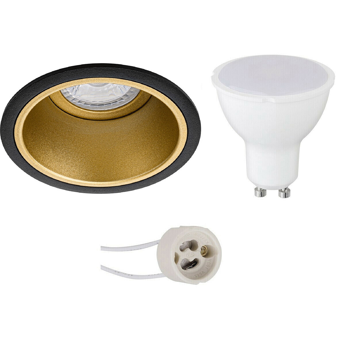 LED Spot Set - Pragmi Minko Pro - GU10 Fassung - Einbau Rund - Matt Schwarz/Gold - 4W - Warmweiß 3000K - Vertieft - Ø90mm