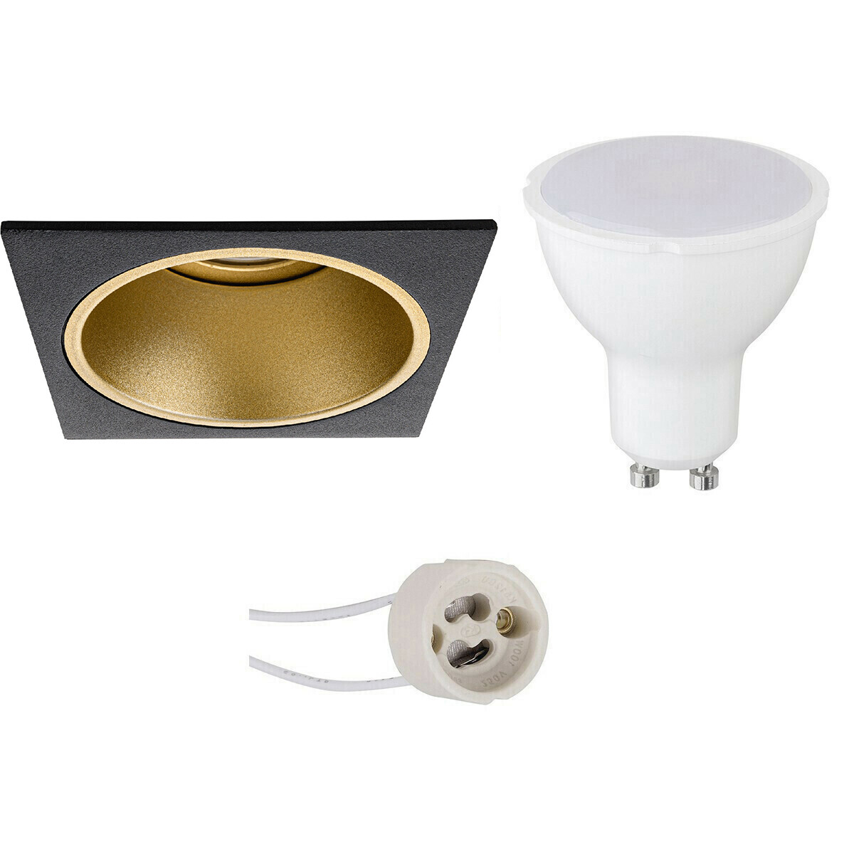 LED Spot Set - Pragmi Minko Pro - GU10 Fassung - Einbau Quadrat - Matt Schwarz/Gold - 4W - Warmweiß 3000K - Vertieft - 90mm