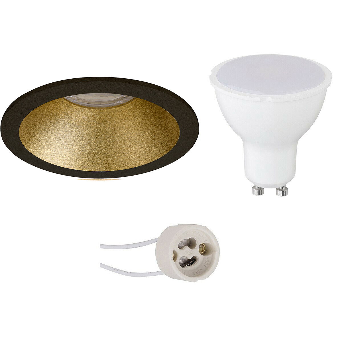 LED Spot Set - Pragmi Pollon Pro - GU10 Fassung - Einbau Rund - Matt Schwarz/Gold - 4W - Warmweiß 3000K - Vertieft - Ø82mm