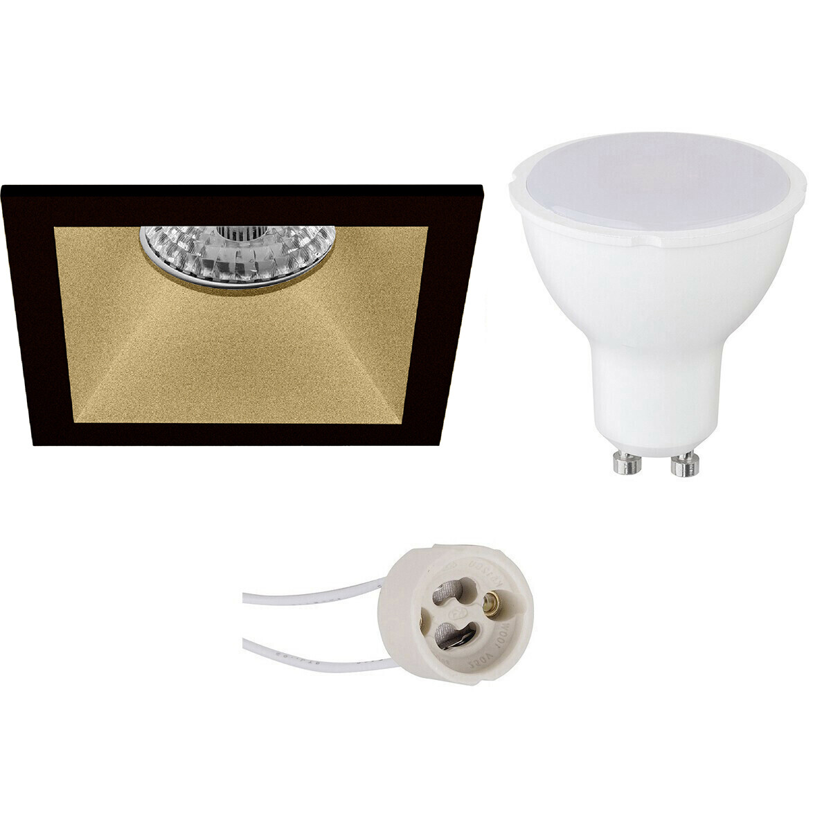 LED Spot Set - Pragmi Pollon Pro - GU10 Fassung - Einbau Quadrat - Matt Schwarz/Gold - 4W - Warmweiß 3000K - Vertieft - 82mm