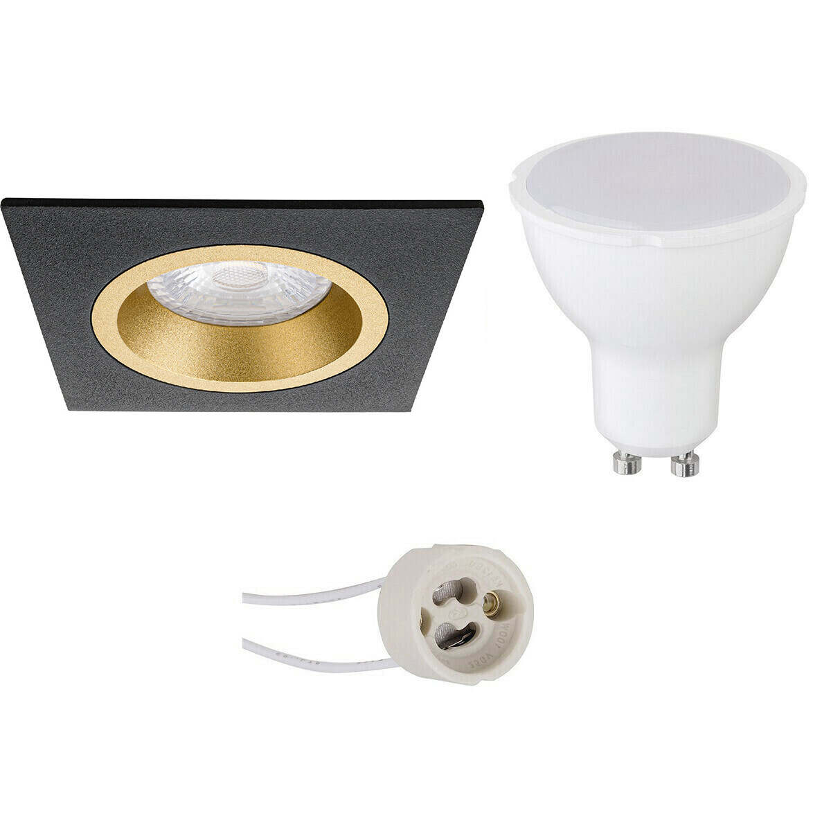 LED Spot Set - Pragmi Rodos Pro - GU10 Fassung - Dimmbar - Einbau Quadrat - Mattschwarz/Gold - 6W - Kaltweiß 6400K - 93mm