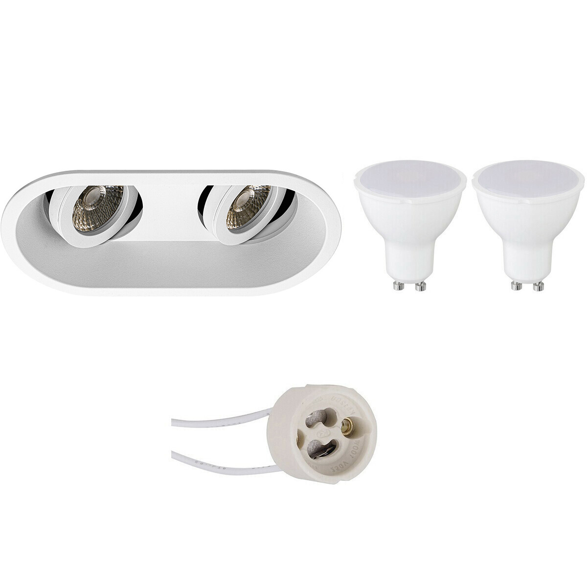 LED Spot Set - Pragmi Zano Pro - GU10 Fassung - Einbau Oval Doppelt - Matt Weiß - 4W - Kaltweiß 6400K - Schwenkbar - 185x93mm