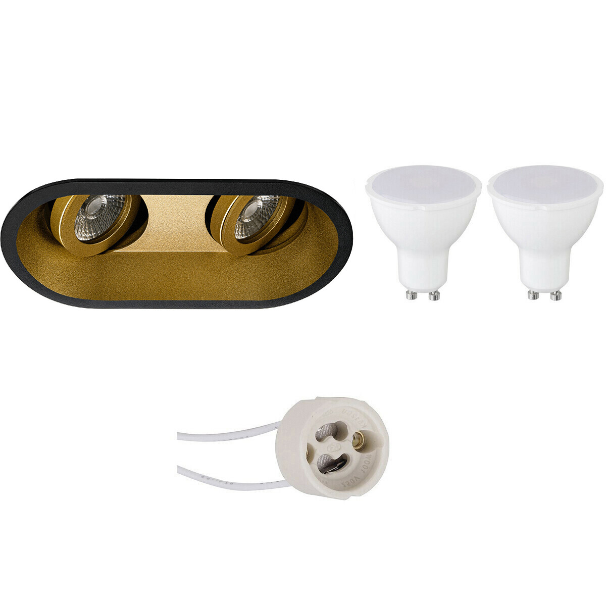 LED Spot Set - Pragmi Zano Pro - GU10 Fassung - Dimmbar - Einbau Oval Doppelt - Matt Schwarz/Gold - 6W - Neutralweiß 4200K - Schwenkbar - 185x93mm