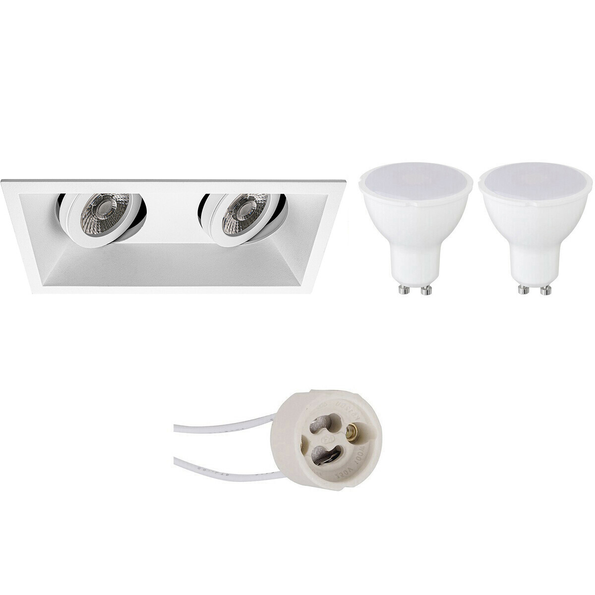 LED Spot Set - Pragmi Zano Pro - GU10 Fassung - Einbau Rechteck Doppel - Mattweiß - 4W - Warmweiß 3000K - Schwenkbar - 185x93mm