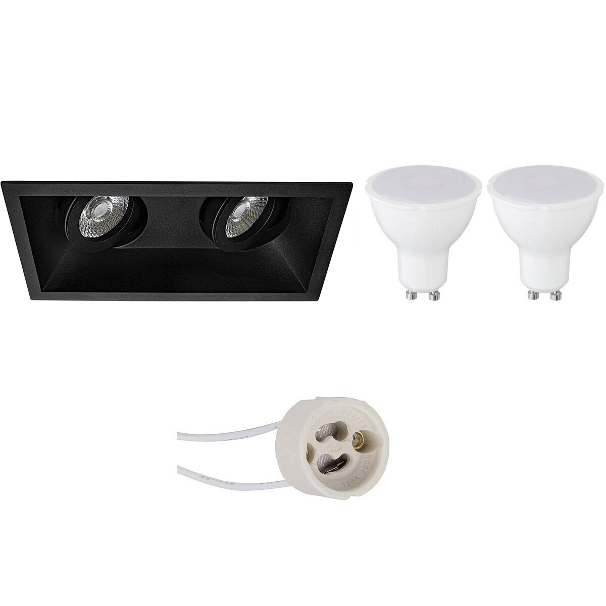 LED Spot Set - Pragmi Zano Pro - GU10 Fassung - Einbau Rechteck Doppelt - Matt Schwarz - 4W - Warmweiß 3000K - Schwenkbar - 185x93mm