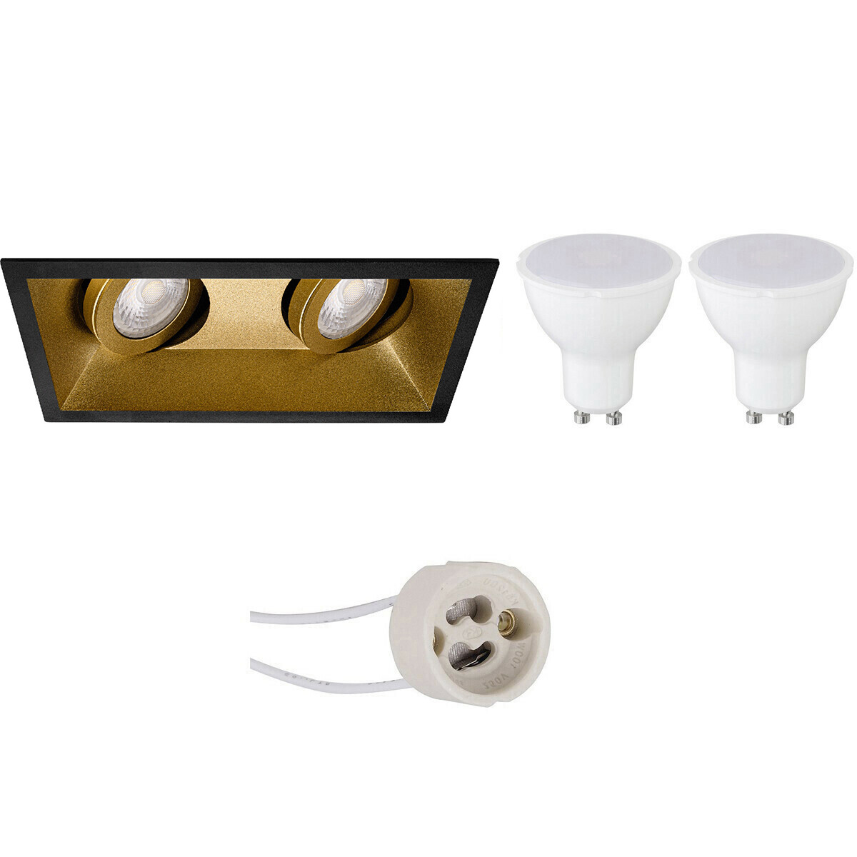 LED Spot Set - Pragmi Zano Pro - GU10 Fassung - Einbau Doppelrechteck - Matt Schwarz/Gold - 4W - Warmweiß 3000K - Schwenkbar - 185x93mm