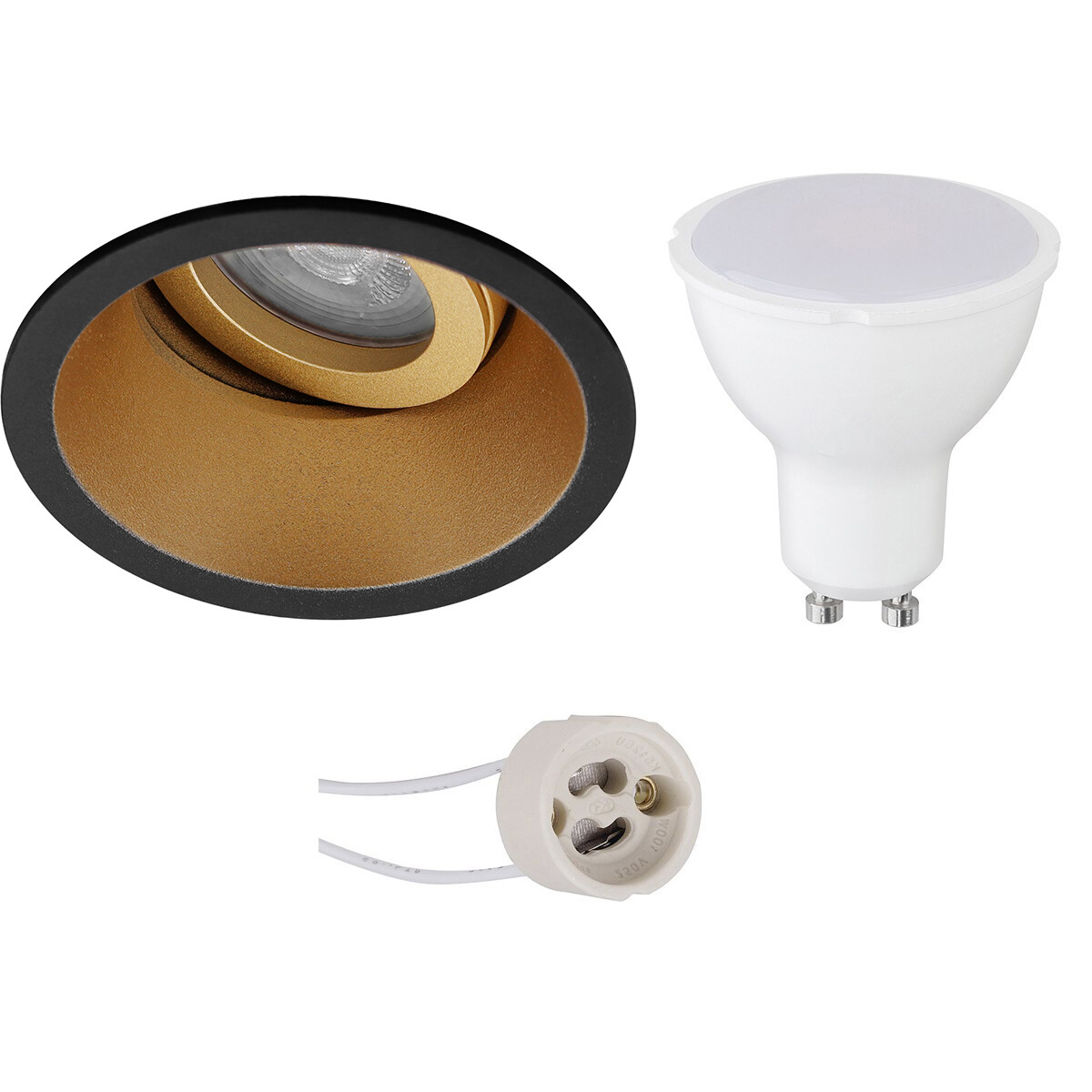 LED Spot Set - Pragmi Zano Pro - GU10 Sockel - Einbau Rund - Mattschwarz/Gold - 4W - Warmweiß 3000K - Kippbar - Ø93mm