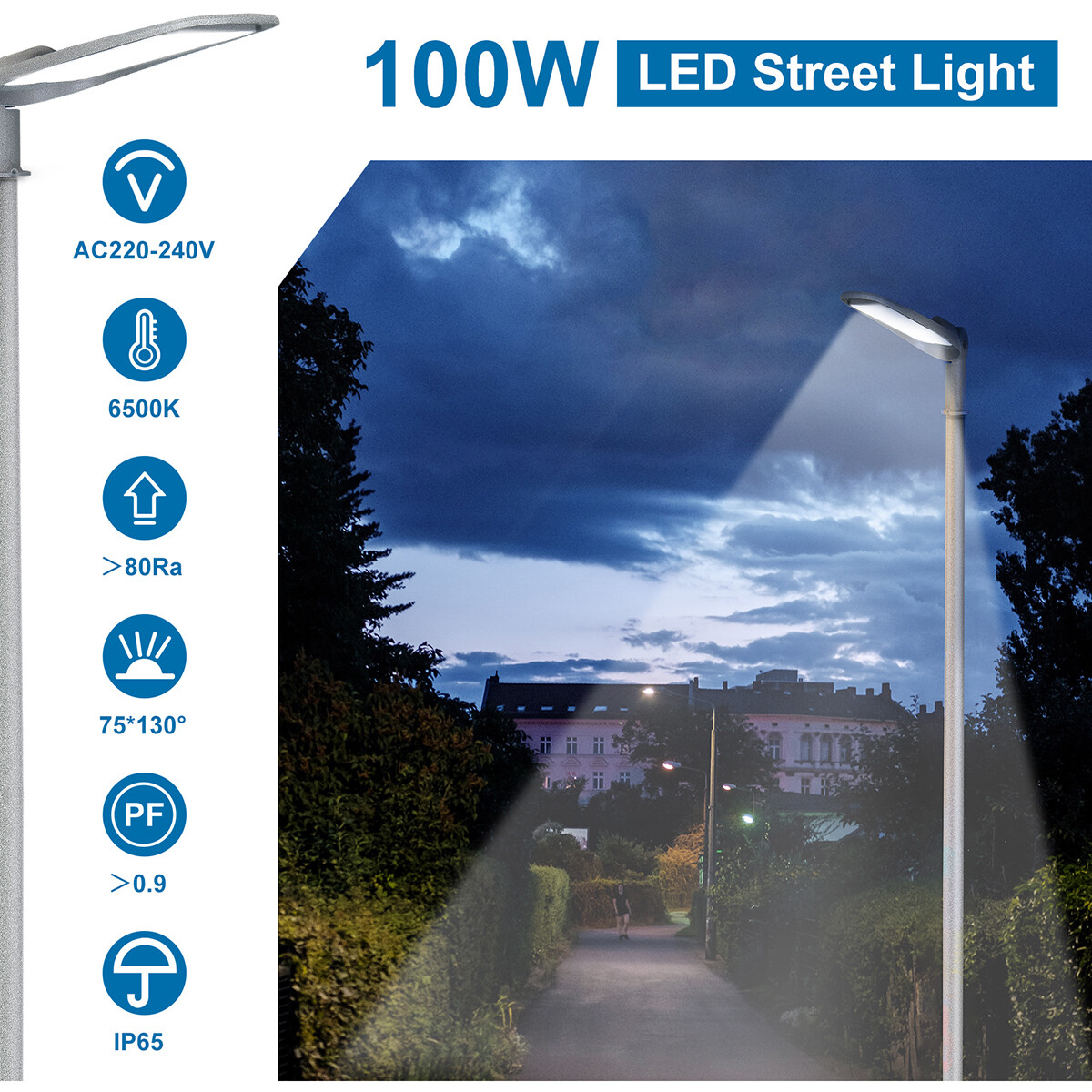 LED Straßenlaterne - Straßenbeleuchtung - Aigi Animo - 100W - Kaltweiß 6500K - Wasserdicht IP65 - Mattgrau - Aluminium