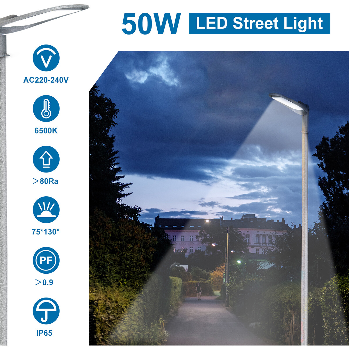 LED Straßenlaterne - Straßenbeleuchtung - Aigi Animo - 50W - Kaltweiß 6500K - Wasserdicht IP65 - Mattgrau - Aluminium