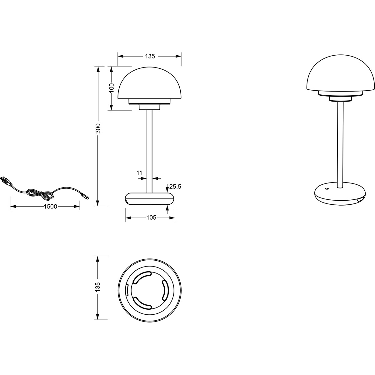 LED Tischlampe mit Aufladbaren Batterien - Trion Berna - 2W - Warmweiß 3000K - Spritzwassergeschützt IP44 - Dimmbar - Rund - Matt Weiß - Kunststoff