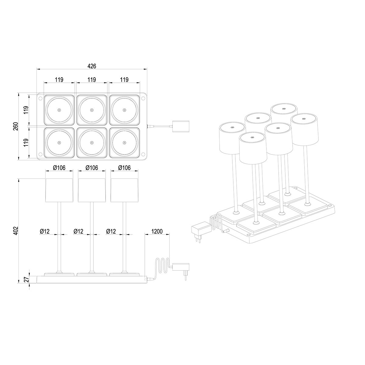 LED Tischleuchte - Trion Andez - 1.5W - 6 Lichtpunkte - Anpassbare Farbe - Aufladbare Batterien - Grau - Kunststoff