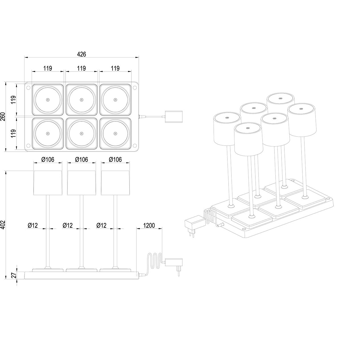 LED Tischleuchte - Trion Andez - 1.5W - 6 Lichtpunkte - Anpassbare Farbe - Aufladbare Batterien - Matt Weiß - Kunststoff