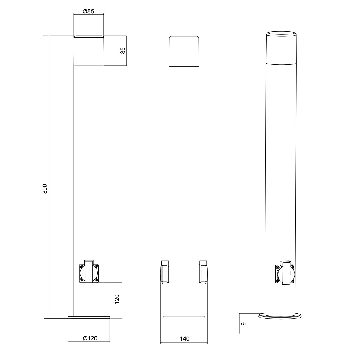 LED Pollerleuchte mit Steckdose - Trion Hosina XL - E27 Sockel - Mattschwarz - Aluminium